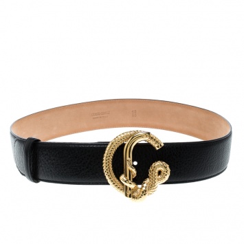 Pre Owned Roberto Cavalli Black Leather Snake Buckle Belt 80cm