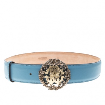 Pre Owned Roberto Cavalli Sky Blue Leather Logo Belt 75cm