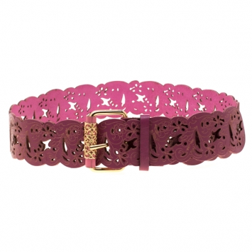 Pre Owned Roberto Cavalli Fuchsia Leather Flower Cutout Belt Size 105cm