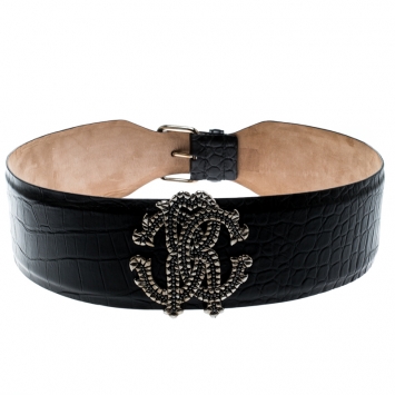 Pre Owned Roberto Cavalli Black Python Embossed Leather Waist Belt 90CM