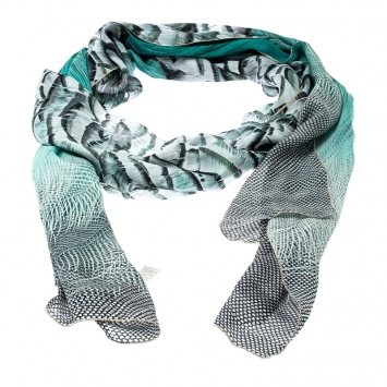 Pre Owned Roberto Cavalli Blue Feather Printed Silk Lurex Edged Scarf