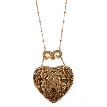 Pre Owned  Roberto Cavalli Signature Crystal Heart Pendant Gold Tone Necklace