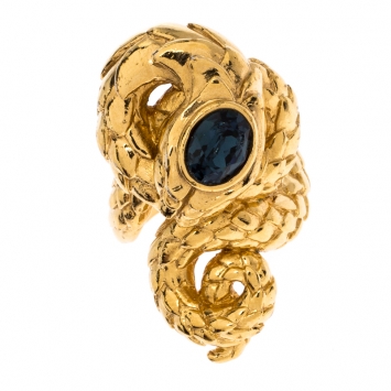Pre Owned Roberto Cavalli Snake Motif Crystal Gold Tone Cocktail Ring Size 54.5