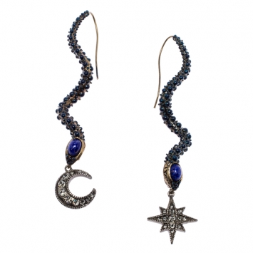 Pre Owned Roberto Cavalli Star & Moon Crystal Antique Gold Tone Long Snake Hook Earrings