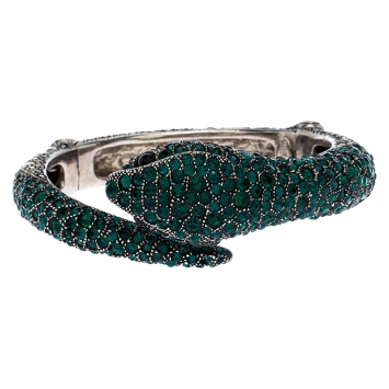 Pre Owned Roberto Cavalli Green Crystal Embellished Serpenti Bracelet and Ring Set 