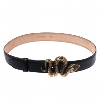 Pre Owned Roberto Cavalli Black Leather Snake Buckle Belt 80CM