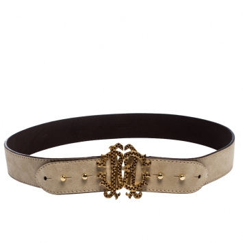 Pre Owned Roberto Cavalli Beige Suede Logo Buckle Belt 95CM