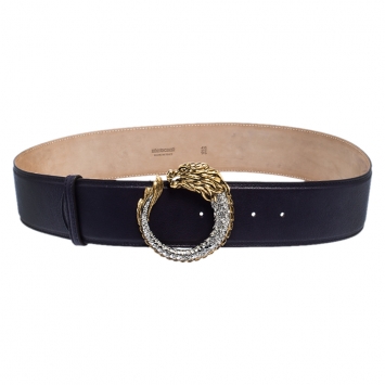 Pre Owned Roberto Cavalli Navy Blue Leather Dragon Buckle Belt 95CM