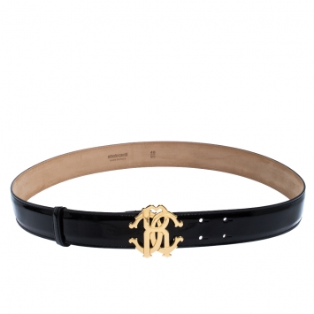 Pre Owned Roberto Cavalli Black Patent Leather Logo Buckle Belt 95CM