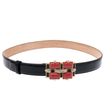 Pre Owned Roberto Cavalli Black Patent Leather Crystal Embellished Buckle Belt 95CM