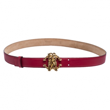 Pre Owned Roberto Cavalli Red Leather Logo Buckle Belt 95CM