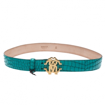 مملوكة مسبقًا Roberto Cavalli Turquoise Croc Embossed Leather Logo Buckle Belt 95CM
