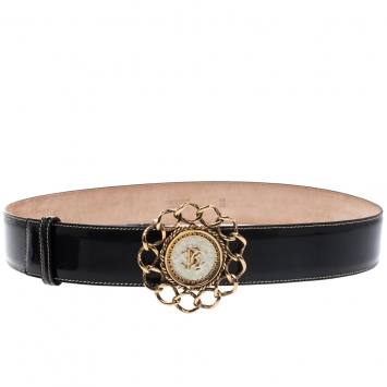Pre Owned Roberto Cavalli Black Patent Leather MOP Chain Buckle Belt 95CM