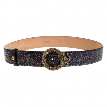 Pre Owned Roberto Cavalli Blue Snakeskin Effect Leather Buckle Belt 85CM
