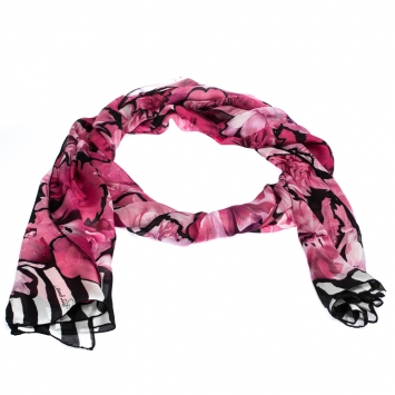 Pre Owned Roberto Cavalli Black & Pink Striped Floral Print Silk Scarf