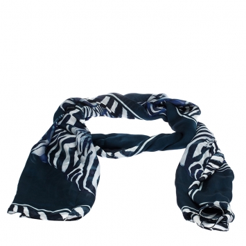 Pre Owned Roberto Cavalli Blue & White Abstract Print Silk Scarf