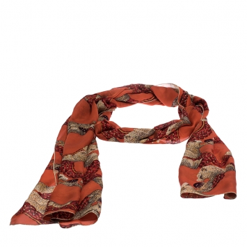 Pre Owned Roberto Cavalli Orange Animal Print Silk Scarf
