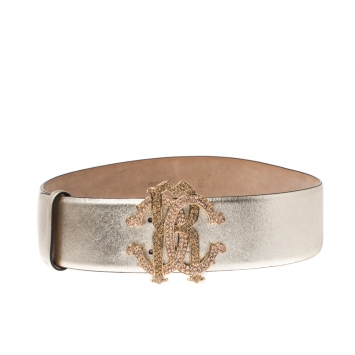 Pre Owned Roberto Cavalli Metallic Gold Leather Crystal Embellished RC Logo Buckle Belt 85CM