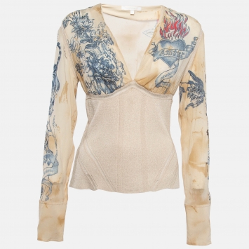 Pre Owned Roberto Cavalli Beige Printed Silk and Knit Blouse M
