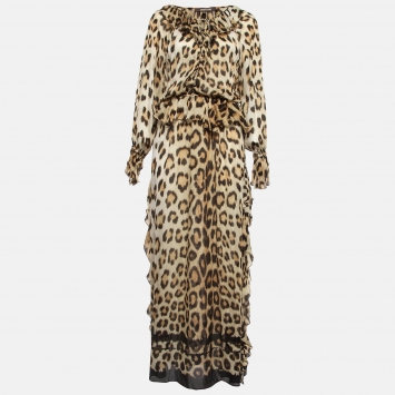 Pre Owned Roberto Cavalli Brown Leopard Print Silk Ruffled Maxi Dress M