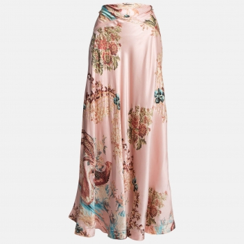 مملوكة مسبقًا Roberto Cavalli Pink Floral Print Satin Silk Flared Maxi Skirt L