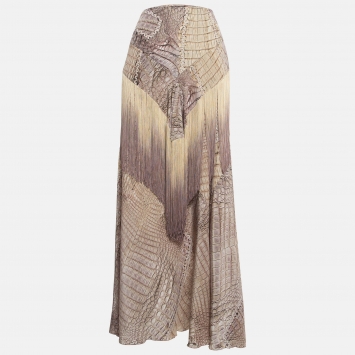مملوكة مسبقًا Roberto Cavalli Brown Python Print Fringed Flared Maxi Skirt M