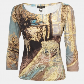 Pre Owned Roberto Cavalli Brown Glitter Print Jersey Top L