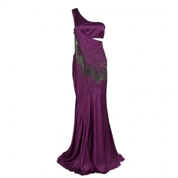 Pre Owned Roberto Cavalli Purple Embellished Silk One Shoulder Cutout Waist Detail Gown M