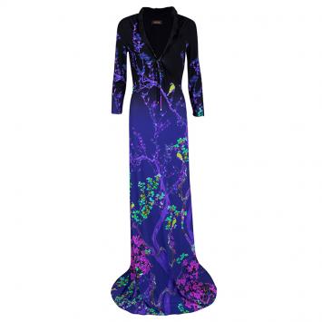 Pre Owned Roberto Cavalli Multicolour Floral Printed Tie Detail Long Sleeve Maxi Dress M