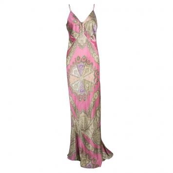 Pre Owned Roberto Cavalli Pink Printed Silk Tie Detail Sleeveless Maxi Dress M