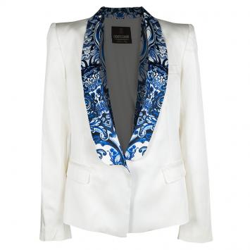 Pre Owned Roberto Cavalli White Satin Contrast Lapel Blazer L