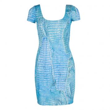 Pre Owned Roberto Cavalli Blue Printed Knit Tassel Tie Back Detail Mini Dress M