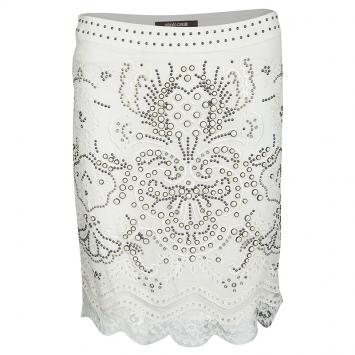 Pre Owned Roberto Cavalli Off White Eyelet Lace Scallop Hem Detail Embellished Skirt S