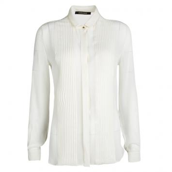 Pre Owned Roberto Cavalli Cream Silk Pintuck Detail Long Sleeve Blouse S