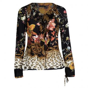 Pre Owned Roberto Cavalli Multicolor Printed Ruffle Detail Long Sleeve Top S