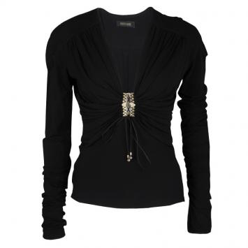 مملوكة مسبقًا Roberto Cavalli Black Embellished Tie Detail Long Sleeve Ruched Top M
