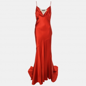Roberto Cavalli Red Satin and Lace Maxi Dress S