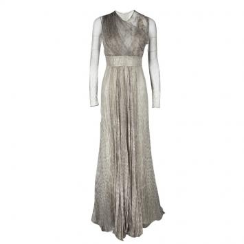 Pre Owned Roberto Cavalli Grey Animal Printed Silk and Tulle Draped Long Sleeve Gown M
