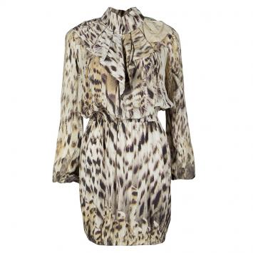 Pre Owned Roberto Cavalli Multicolor Animal Print Pleat Detail Long Sleeve Gathered Dress S
