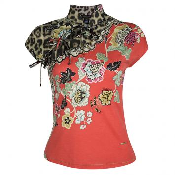 Pre Owned Roberto Cavalli Multicolor Floral and Animal Print Tie Detail Cheongsam Top XS