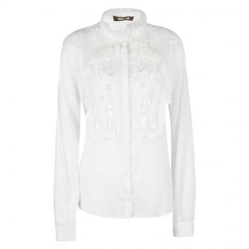 Pre Owned Roberto Cavalli White Embellished Cotton Long Sleeve Blouse L
