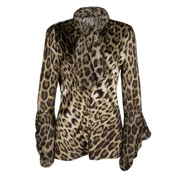 Pre Owned Roberto Cavalli Brown Animal Print Silk Cutout Sleeve Tie Detail Blouse M