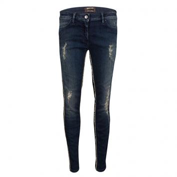 Pre Owned Roberto Cavalli Indigo Dark Wash Faded Effect Frayed Trim Detail Distressed Jeans L