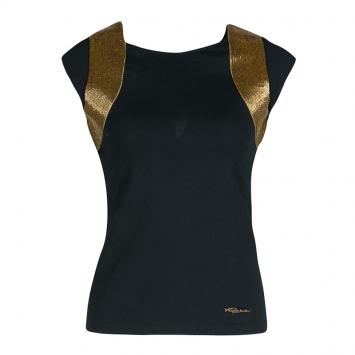 Pre Owned Roberto Cavalli Black Jersey Gold Bead Embellished Cap Sleeve Top M