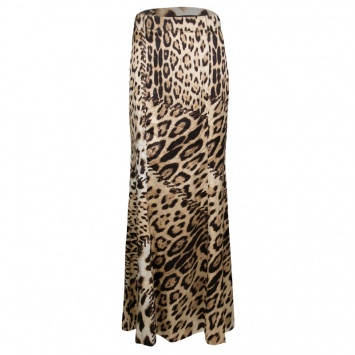 Pre Owned Roberto Cavalli Beige Animal Printed Silk Flared Maxi Skirt M