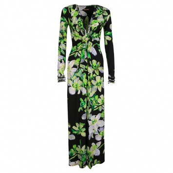 Pre Owned Roberto Cavalli Black Floral Printed Knit Long Sleeve Gathered Maxi Dress M