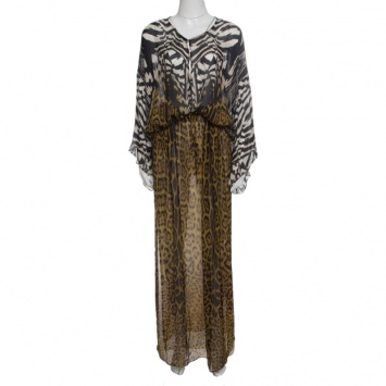 Pre Owned Roberto Cavalli Animal Printed Silk Chiffon Sheer Kaftan Maxi Dress M