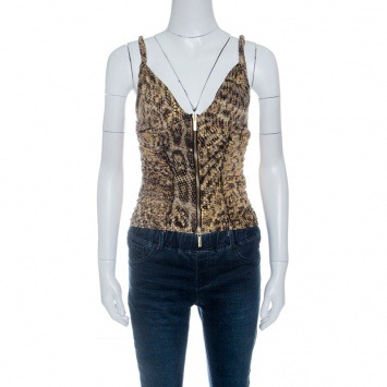 Pre Owned Roberto Cavalli Metallic Animal Print Ruched Zip Front Crop Top S