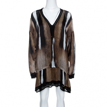 Pre Owned Roberto Cavalli Brown Fur Print Tie Detail Long Sleeve Tunic L