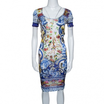 Pre Owned Roberto Cavalli Multicolor Printed Knit Short Sleeve Dress M